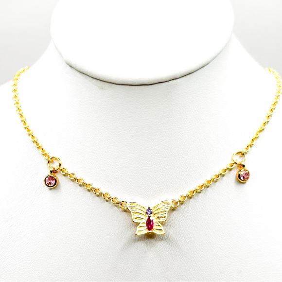 NWOT Sterling silver 14k gold plated butterfly necklace with red stone 16”-18” - Picture 11 of 12
